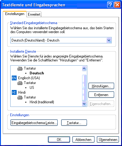 Eingabegebietsschemata mit Hindi (Windows)