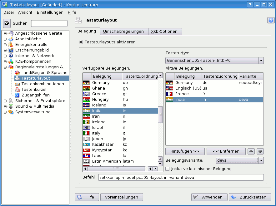 Tastaturlayout-Einstellungen im KDE-Kontrollzentrum (Linux)